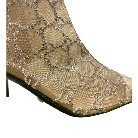 Gucci Demi Crystal GG Logo Mesh Pointed Toe Ankle Boot Tan Nude 85mm - Picture 6 of 9